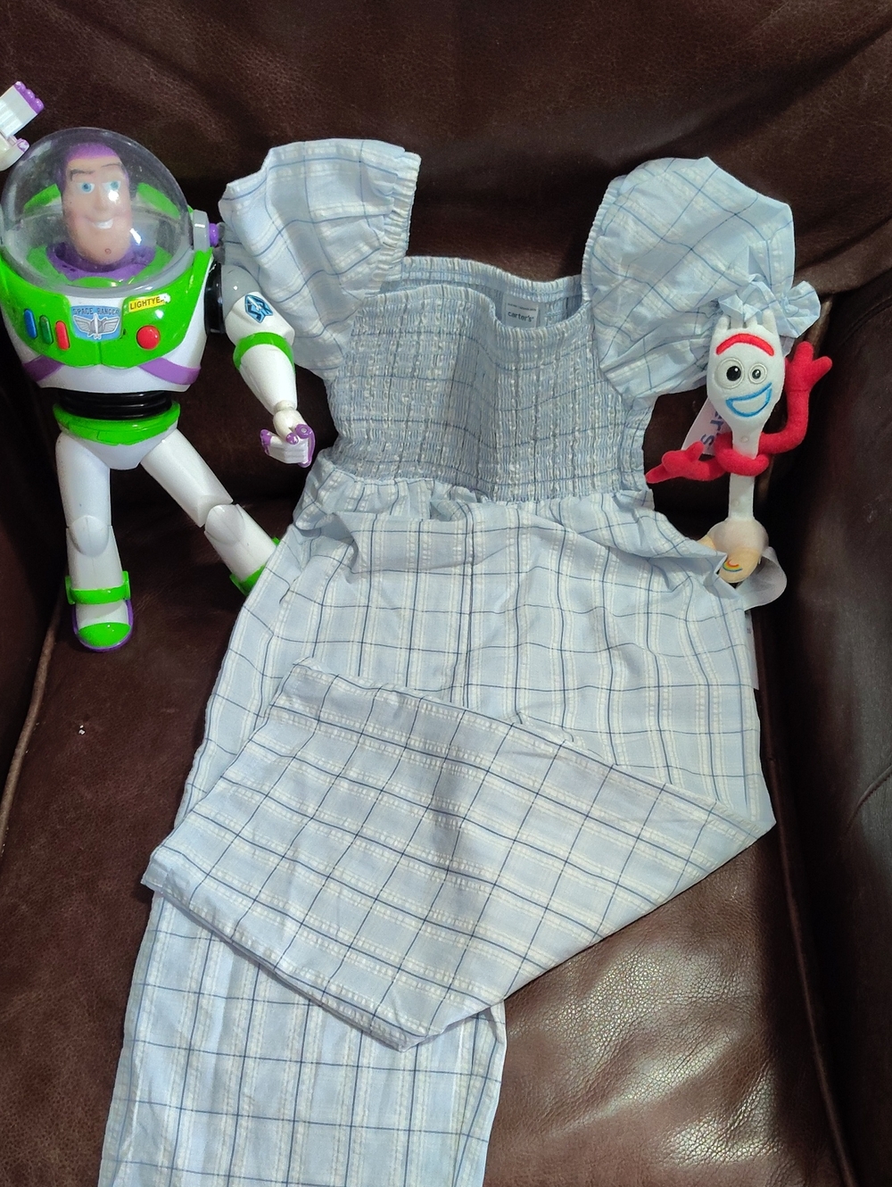 Carter's Light Blue Plaid Puff-Sleeve Jumpsuit $45